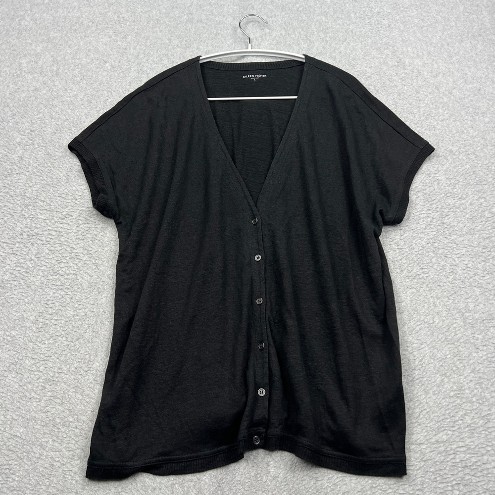 Eileen Fisher Cardigan Womens Large Black Short Sleeve V-Neck Linen Button Up